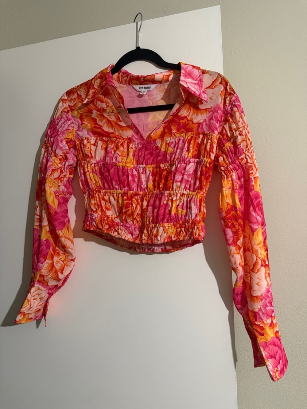 Steve Madden Pink & Orange Floral Smocked Long Sleeve Blouse